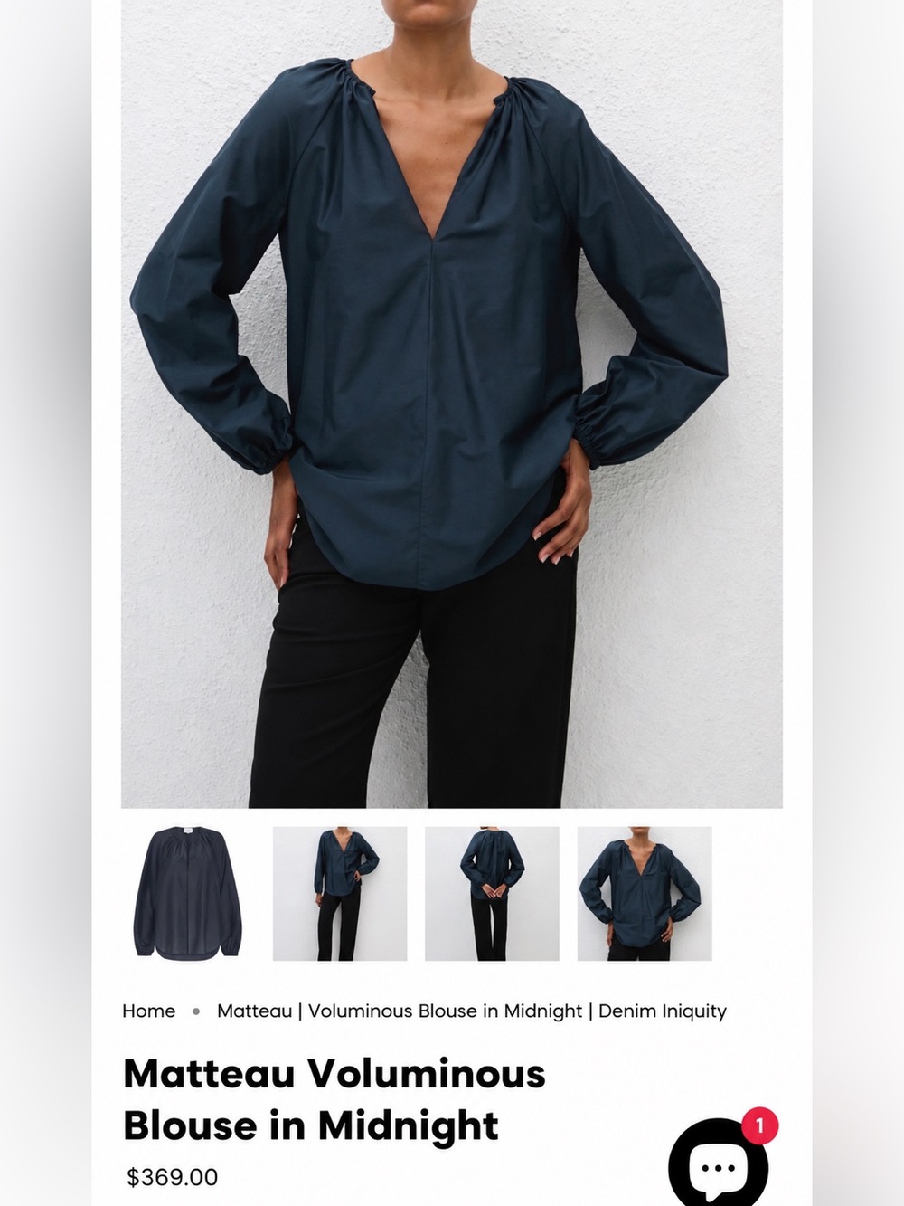 Matteau Voluminous Blouse Cotton Silk Midnight Blue US 2 - Picture 3 of 12
